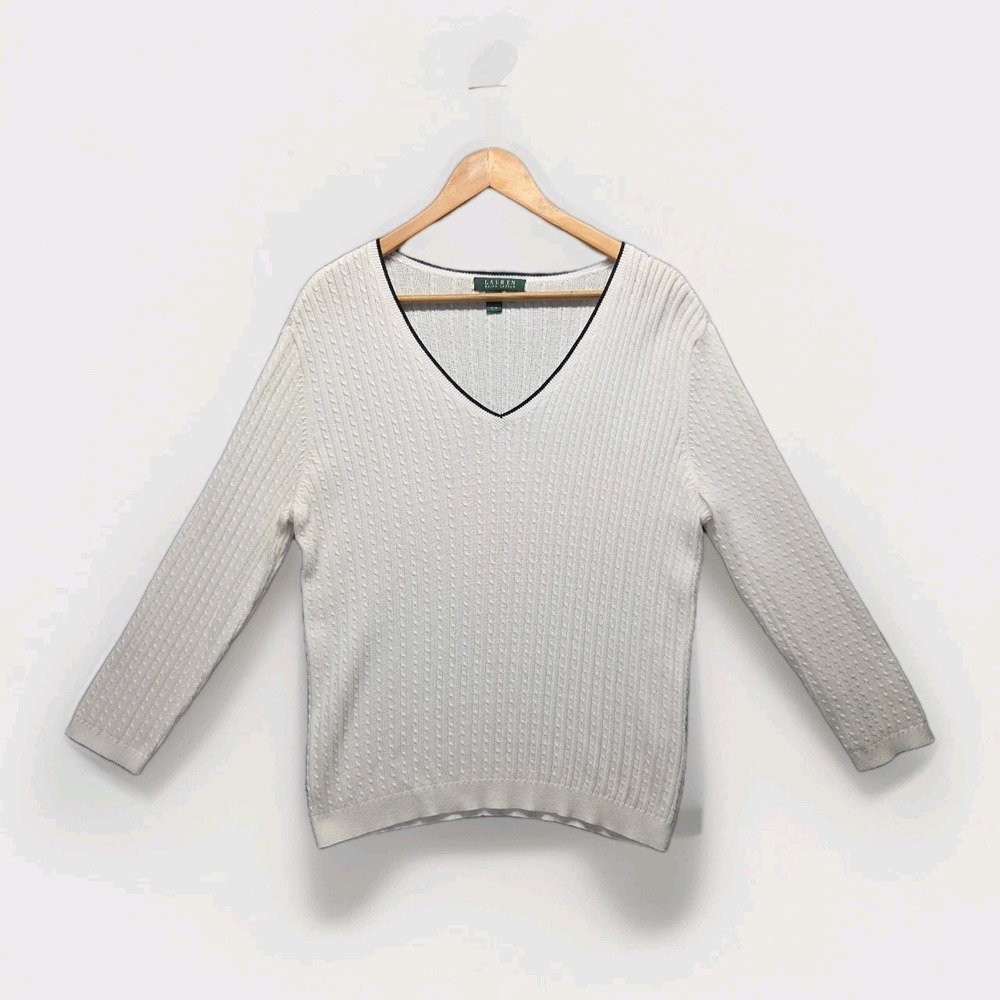 Lauren Ralph Lauren White Cotton‎ Cable Knit Sweater L Heritage Preppy Coastal
